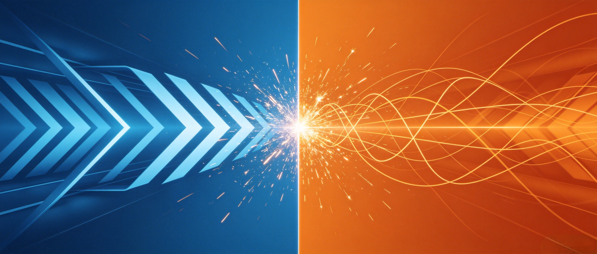 Blue arrows converging with orange curves and sparks, representing traditional process vs. Agile clash