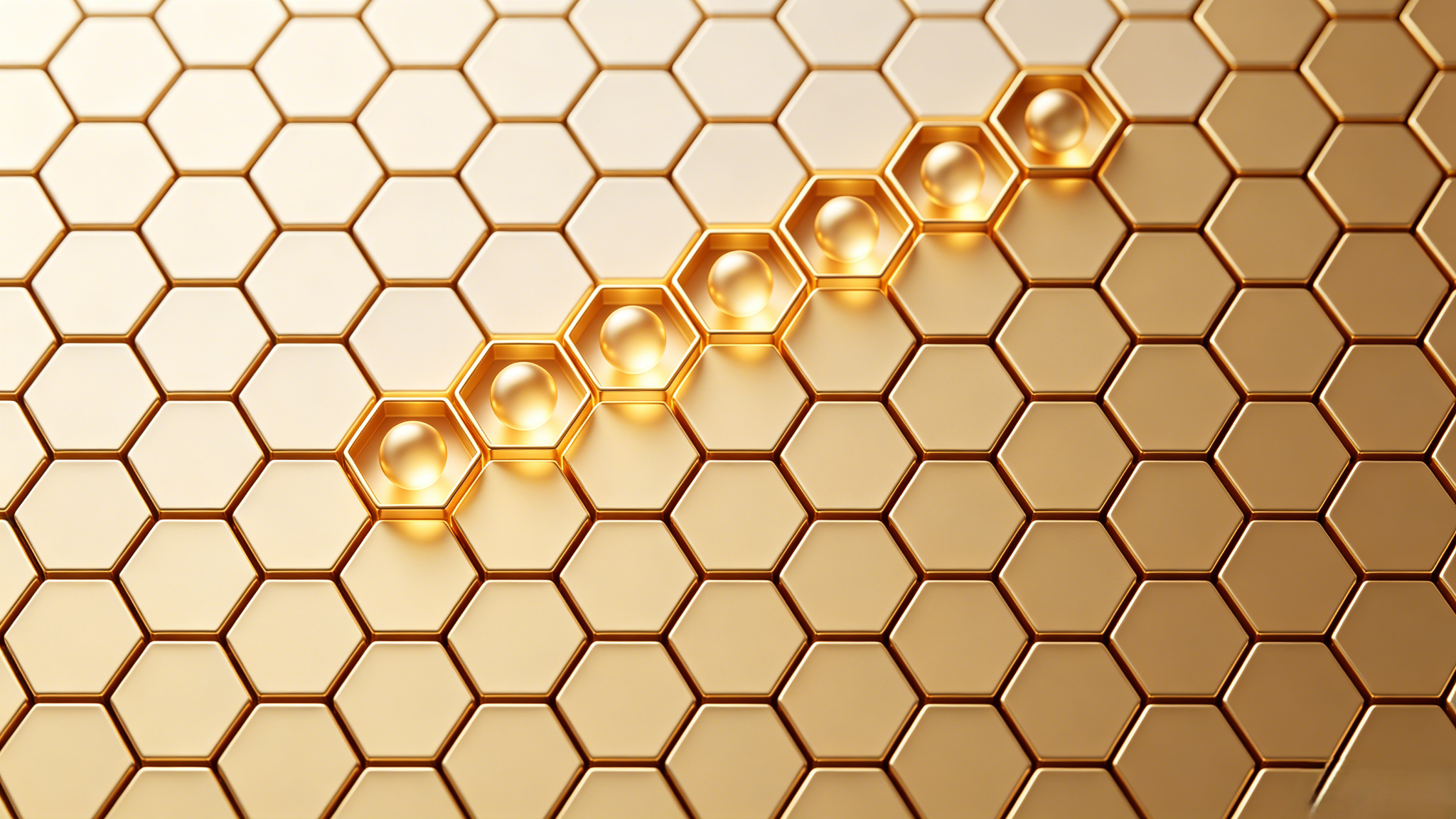 Golden hexagonal modules with glowing orbs forming a diagonal line, symbolizing systematic efficiency and organizational structure