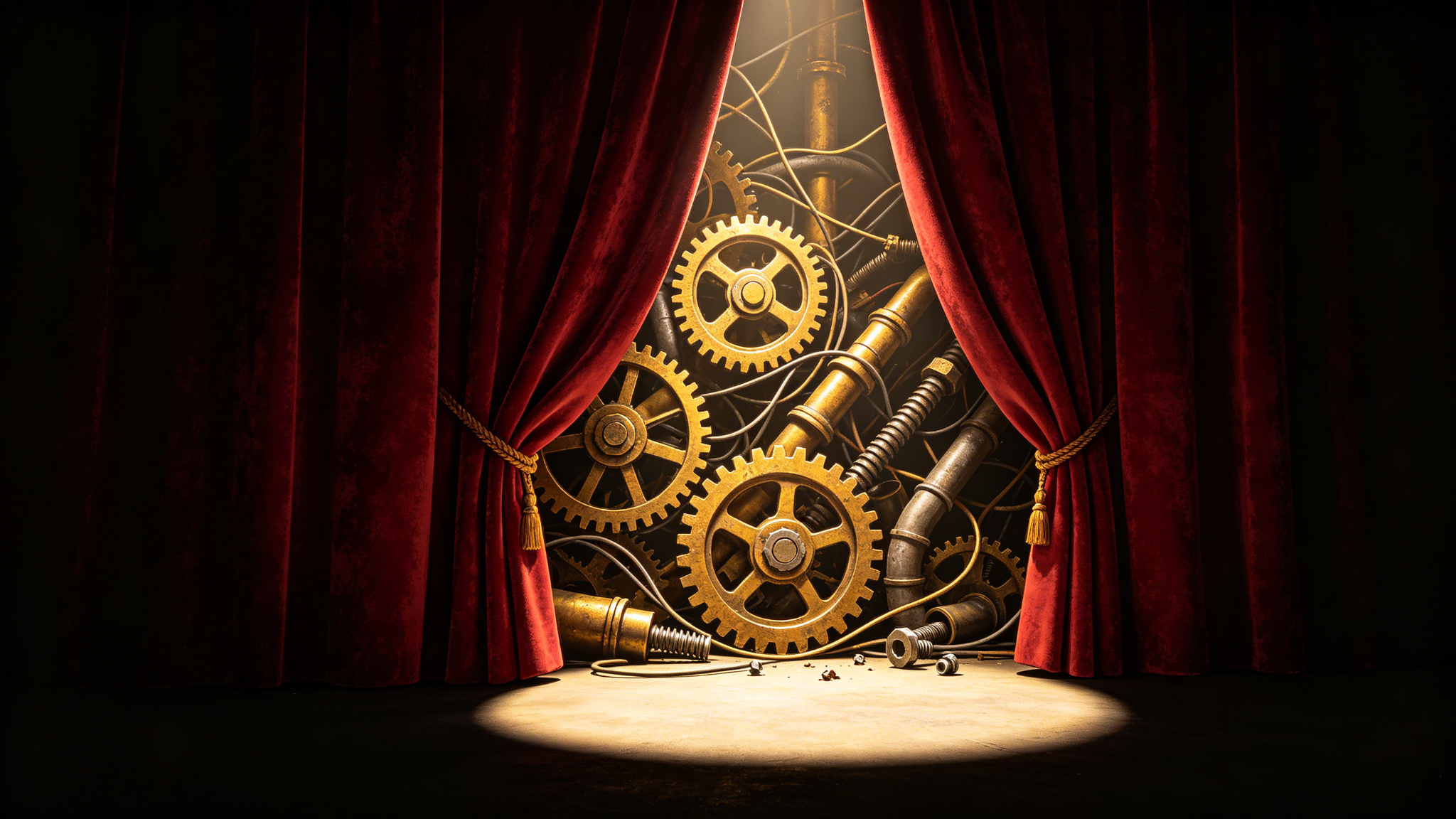 Red velvet stage curtain revealing tangled brass gears, pipes and cables, symbolizing chaotic R&D management behind the scenes