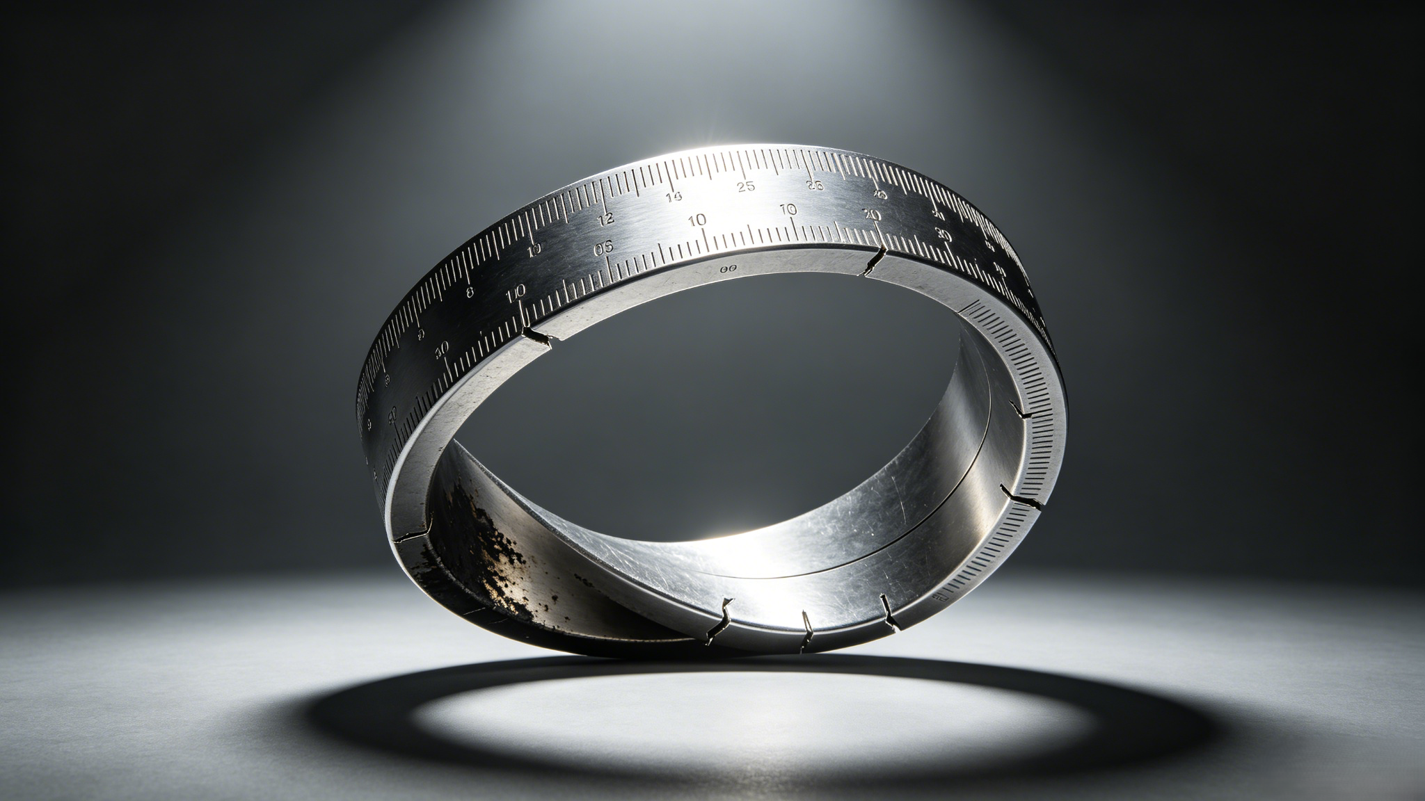 Precision metal ring with engraved scale and wear marks under a spotlight, symbolizing version management and baseline control challenges