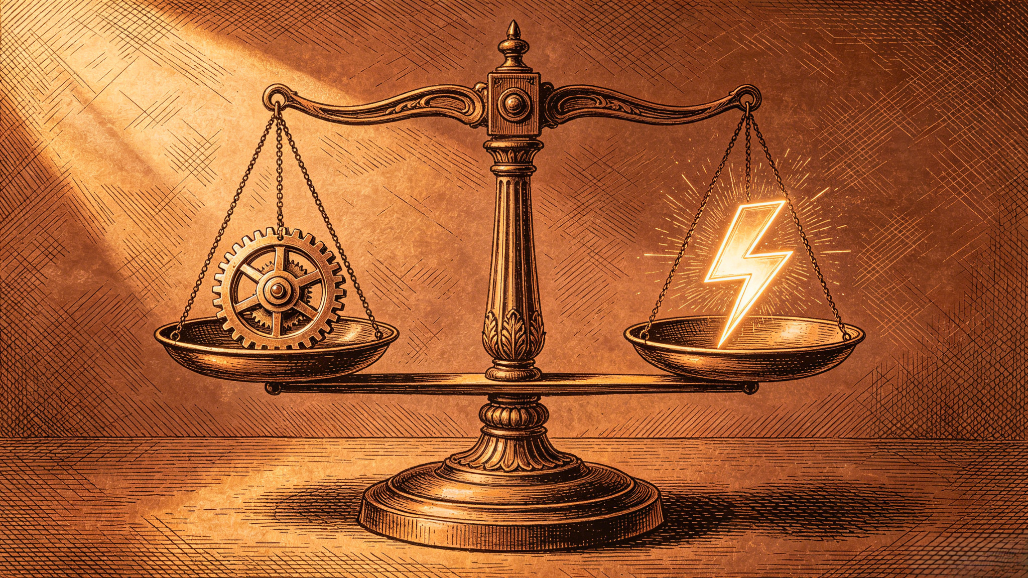 Antique bronze balance scale weighing a gear against a lightning bolt, symbolizing the balance between traditional processes and Agile