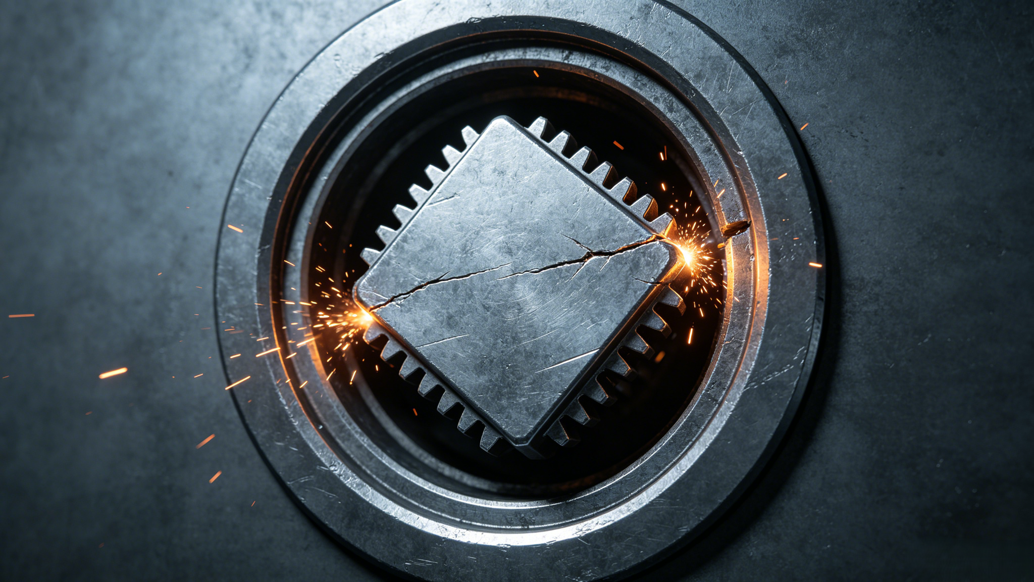 Square toothed metal part cracking and sparking inside a ring base, symbolizing the friction of forcing Agile tools into the automotive V-model
