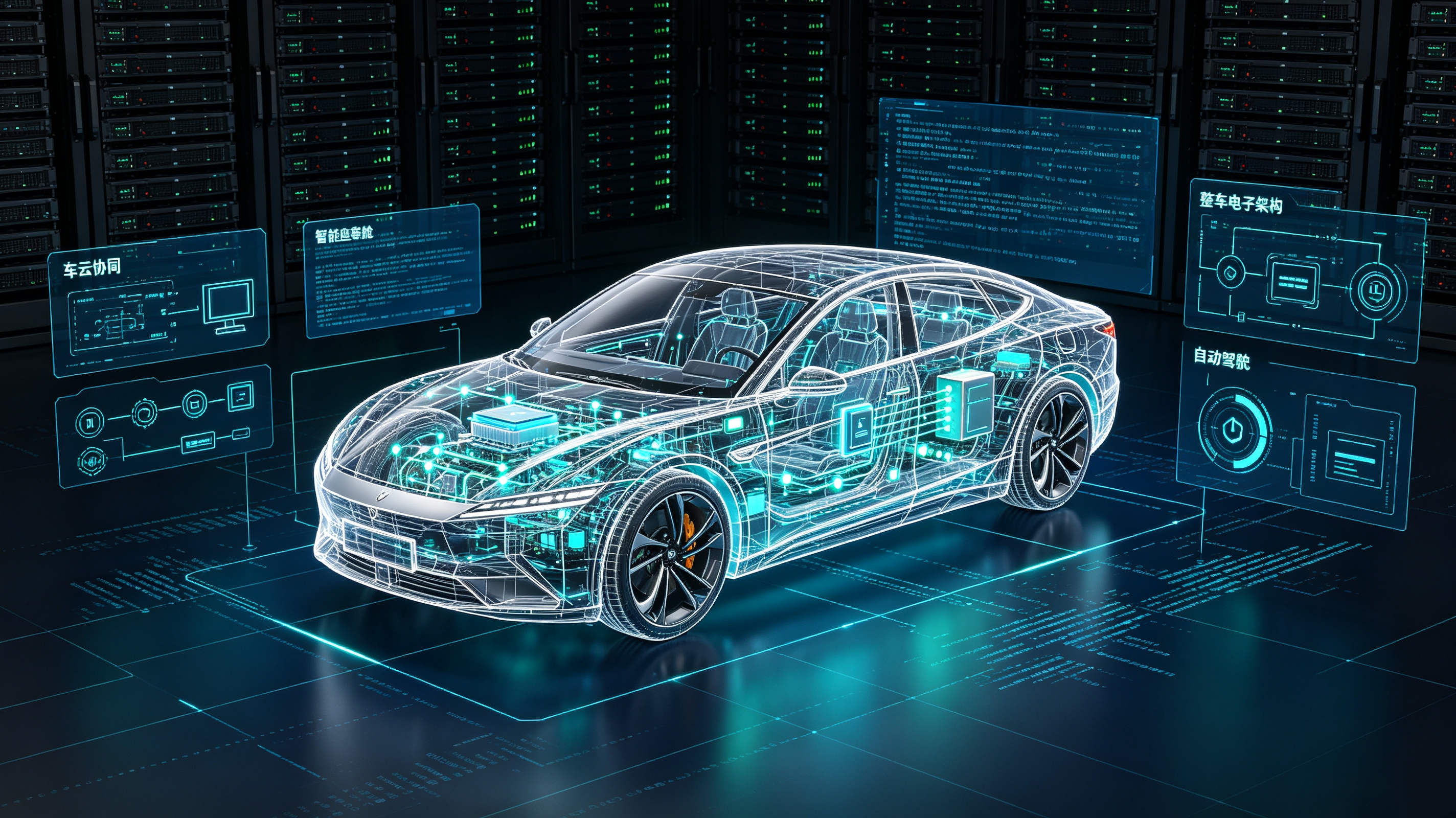 Intelligent Vehicle Electronic Architecture: Wireframe Car Model + Vehicle-Cloud Collaboration / Smart Cockpit / Autonomous Driving Data Interface