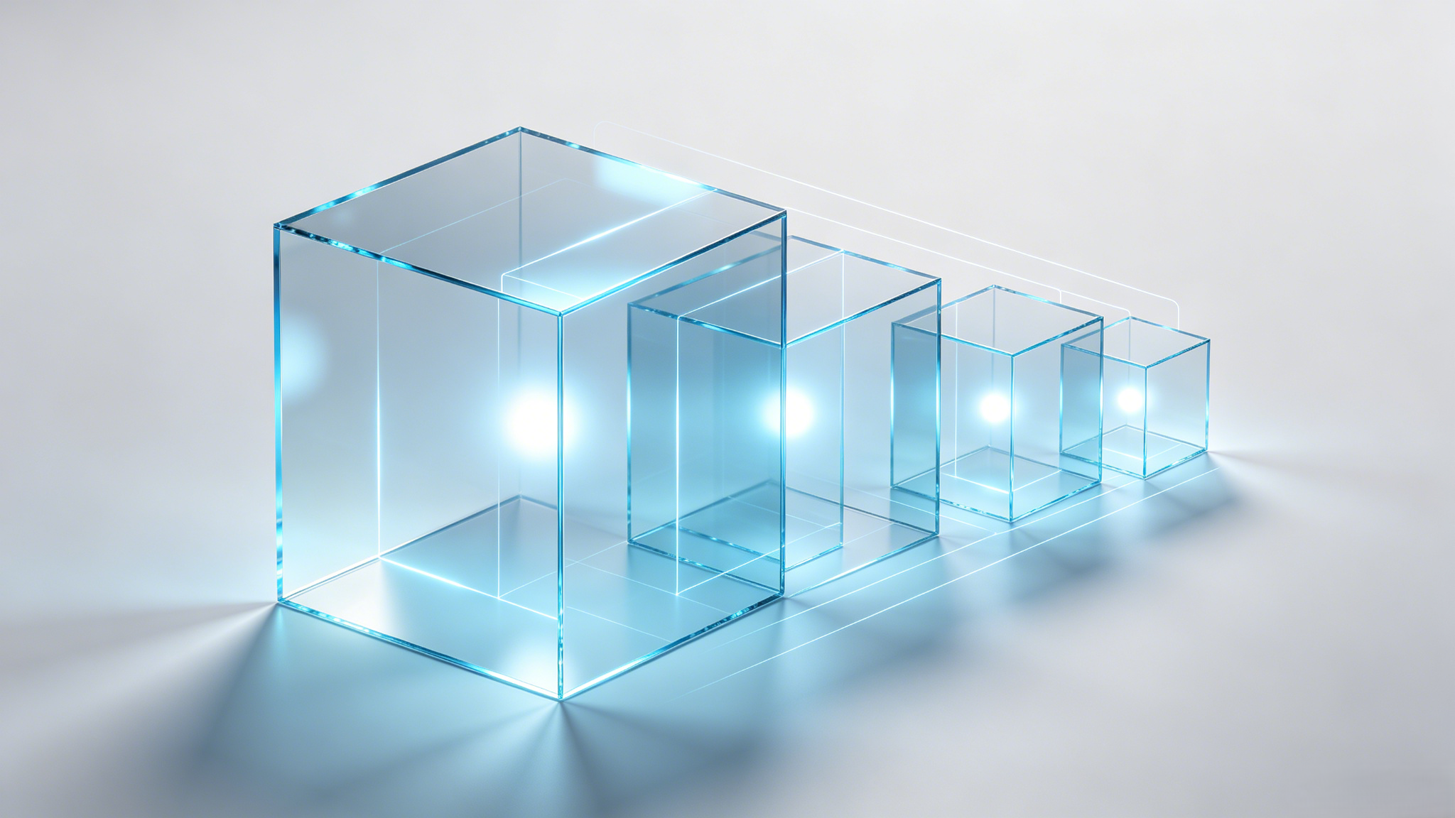 Four translucent blue glass cubes in descending sizes with glowing cores, symbolizing layered requirements management