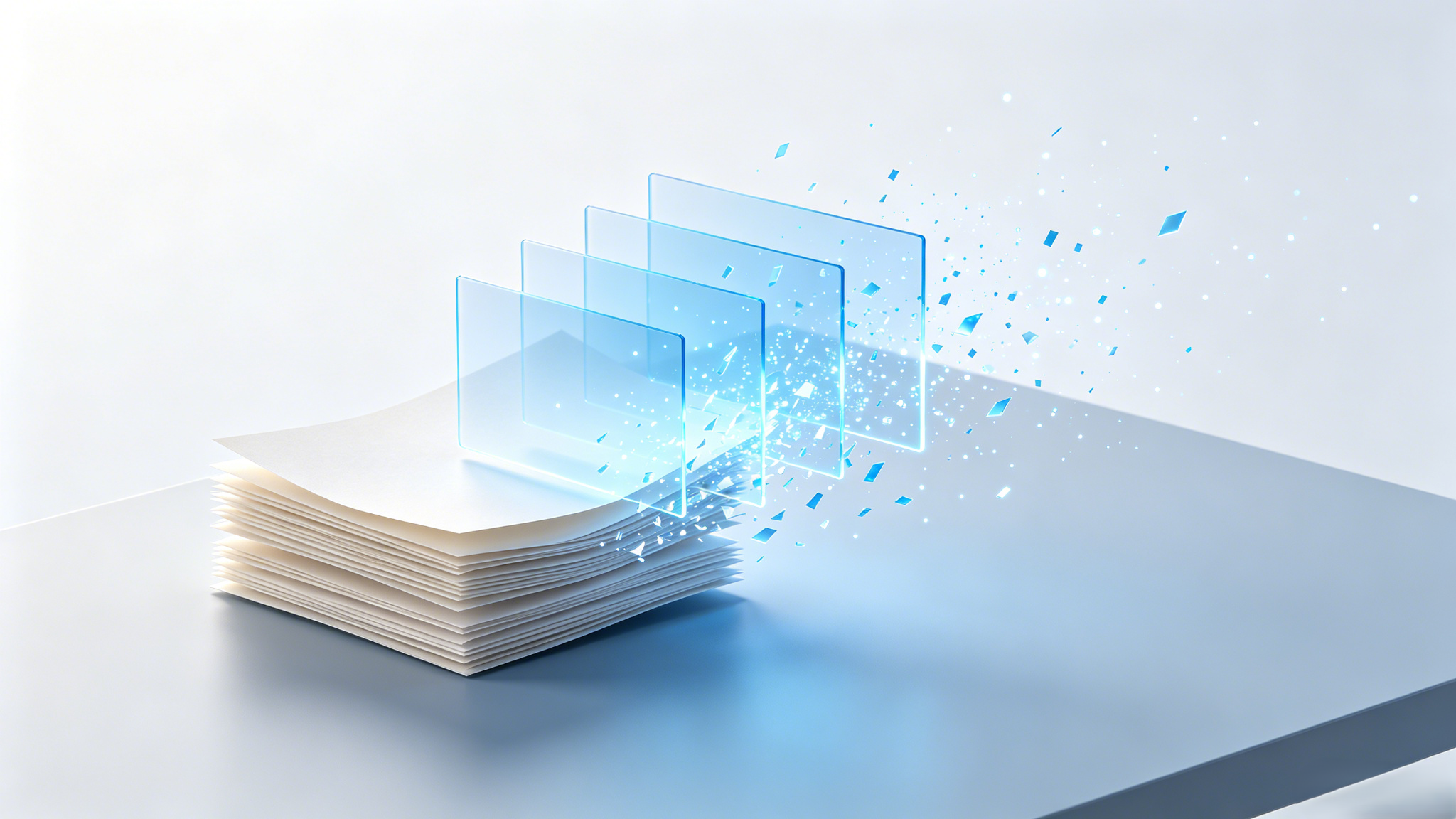 Stacked paper documents transforming into rising blue holographic panels, representing paperless documentation and digital transformation of ASPICE processes