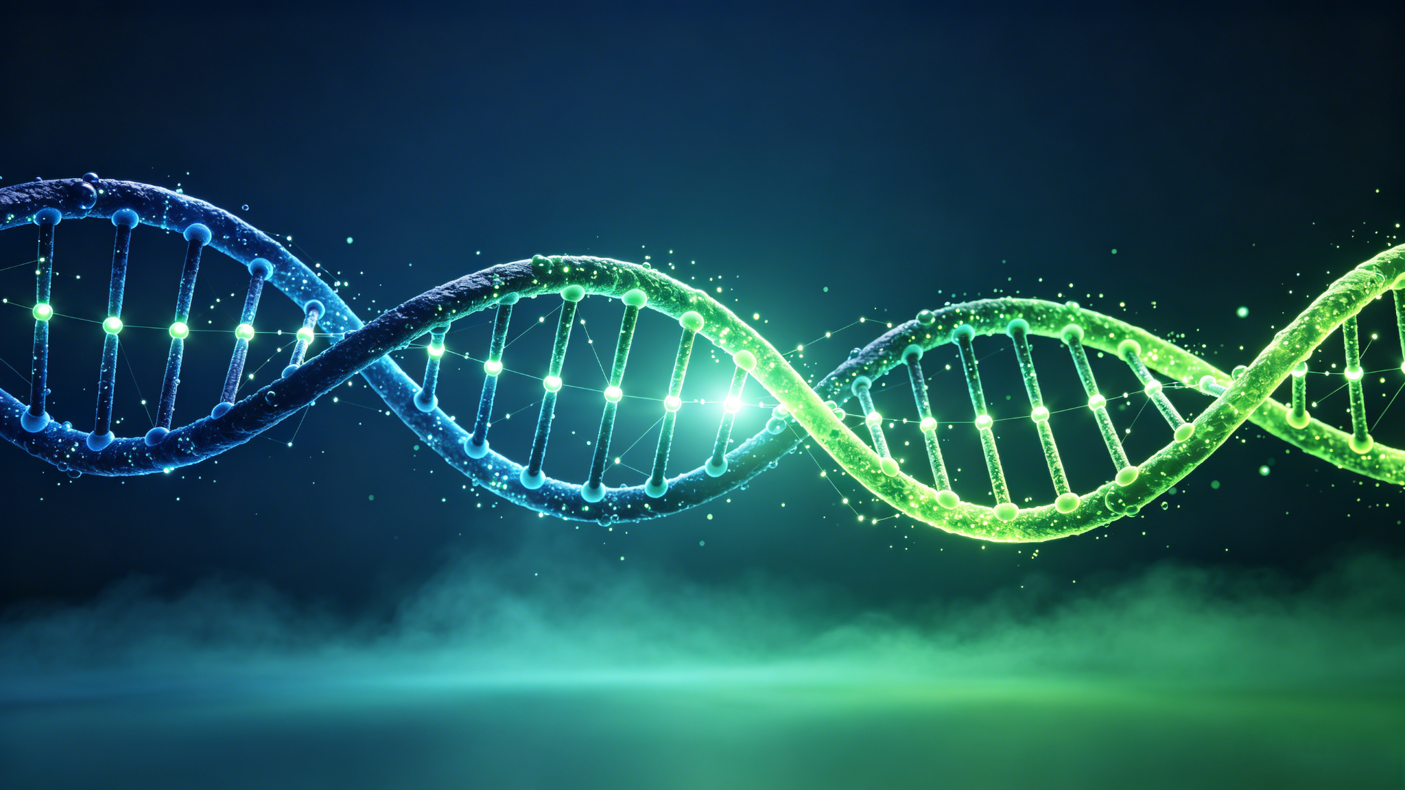 Blue-to-green glowing DNA double helix with luminous base pairs, symbolizing automated test-to-requirement traceability